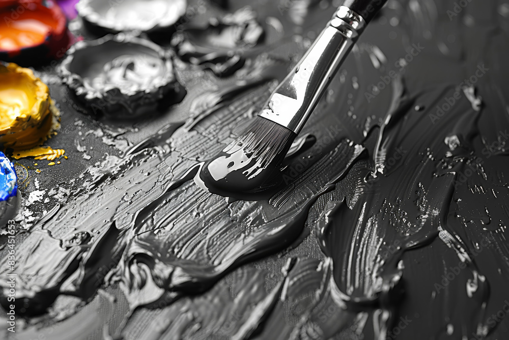 Poster contrast of a black and white sketch against a backdrop of colorful paint palettes. concept of artis
