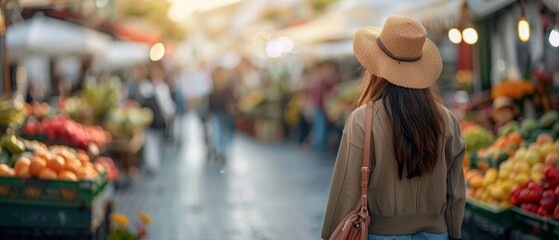 Naklejka premium Woman in straw hat exploring vibrant outdoor market with fresh fruits and vegetables on a sunny day.