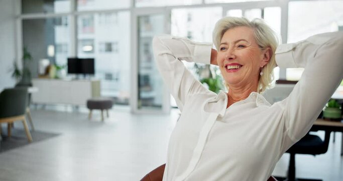 Mature woman, laptop and business communication relax in office for project complete or task done. Technology, female person or corporate manager in workplace for web connection, scheduling or plan