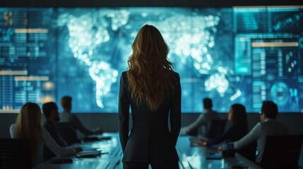 Fototapeta premium A Woman Standing In Front of a Group of People Looking at a Large Map - Generative AI