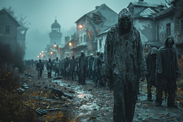 Fototapeta premium A group of zombies standing motionless in a deserted town square. Concept of stillness and dread. Generative Ai.