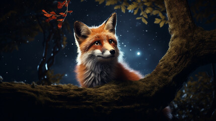 cute red fox in the forest moon night