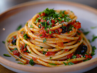 Bucatini alla puttanesca, pasta with tomato and olive sauce