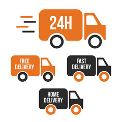 Set of delivery icons. Fast delivery. Free delivery. Home delivery trucks. Vector illustration set