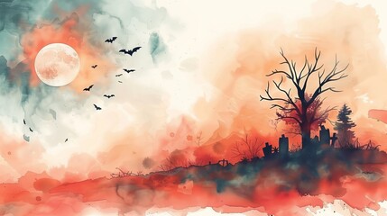  Watercolor Halloween scene with full moon, bats, and spooky graveyard. Eerie autumn landscape illustration.