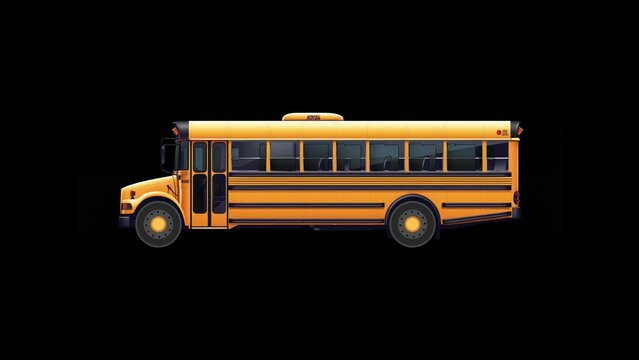 Classic Yellow School Bus animated against a Black Background, Seamless Loop Animation. Back-to-school Concept