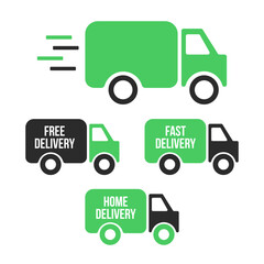 Set of delivery icons. Fast delivery. Free delivery. Home delivery trucks. Vector illustration set