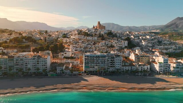 Aerial view of Altea town and Nostra Senyora del Consol church at sunset, Spain