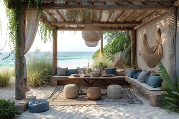Fototapeta premium Coastal bohemian outdoor dining area with relaxed seating and beachy vibes.