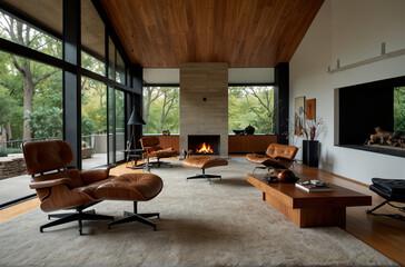 Fototapeta premium Mid-Century Modern Living Room with Armchairs and Fireplace