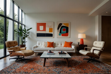 Modern Mid-Century Living Room with Leather Furniture and Abstract Art