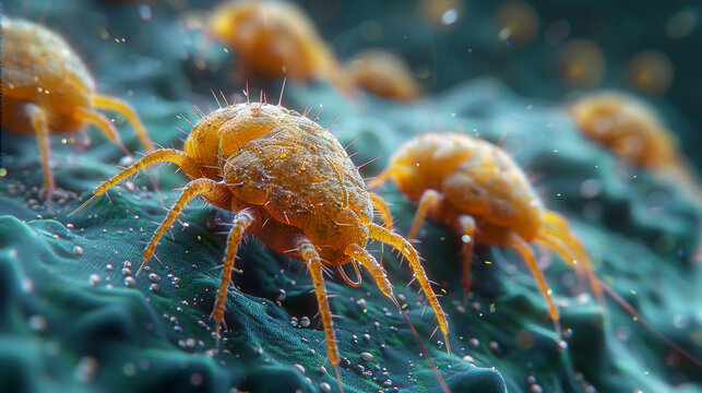 Close-up of dust mites in their environment living on textile surfaces