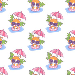 Seamless pattern with cat in sunglasses swims in rubber circle under sun umbrella