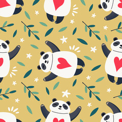 vector seamless pattern of panda bear, cute cartoon panda 