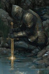 A card-style illustration of A knight kneeling by a stream, reflecting the helmet in the water, portraying a moment of contemplation, with a color palette dominated by dark gray, gold, and azure. The