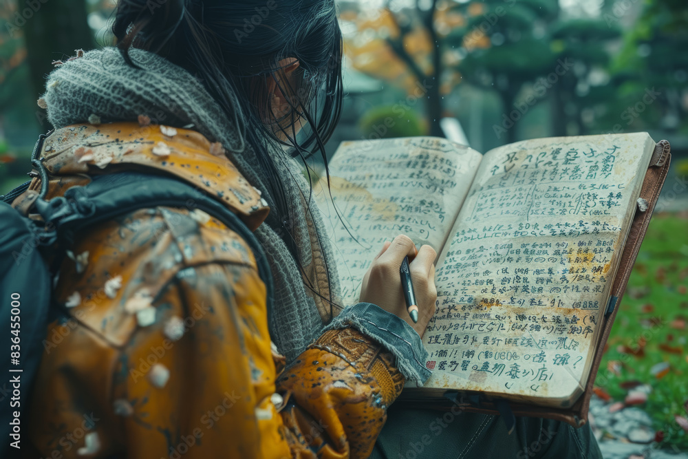 Poster a person sketching in a notebook while sitting in a park. concept of creativity and peacefulness. ge