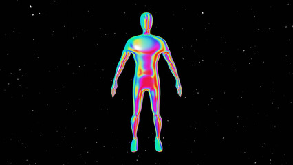 3d rainbow multicolored metal chrome human in space isolated black. Robotic glossy futuristic retro material. Music disco template, Psychedelic aura vj. 