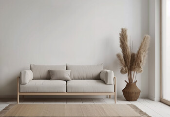 A couch sits in front of a white wall. Potted feather grass sit on the floor next to the couch. The room is empty and has a minimalist feel