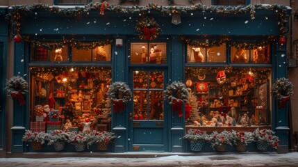 A Picture of a Store Front Decorated With Christmas Lights and Ornaments - Generative AI
