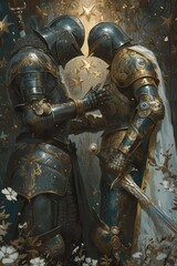 Illustration features a knight aiding a commoner, highlighting chivalry with dark gray, gold, and azure colors. Celestial glass star adds sophistication.