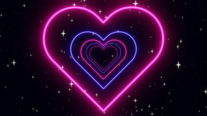 Fototapeta premium 3d neon glowing heart tunnel in pink and blue colors. LGBT Pride bisexual Valentines day Love disco music template. Futuristic space with shine stars. Illustration 8k
