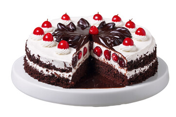 Delicious Black Forest cake displayed on a transparent, white background, ideal png for culinary and celebration themes