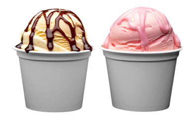 Icecream duo features vanilla with chocolate syrup and strawberry in white cups.