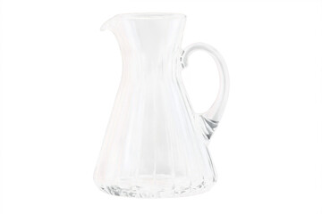 An empty transparent glass pitcher on a white background, completely clear and png ready