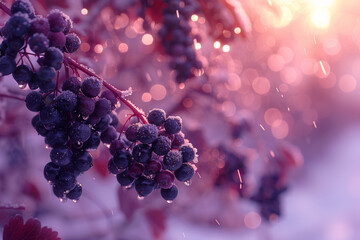 A thicket of wild elderberries swaying in the breeze, their tiny purple-black orbs dangling from delicate stems. Concept of wild berry bounty. Generative Ai.