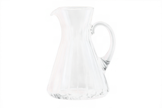 An empty transparent glass pitcher on a white background, completely clear and png ready