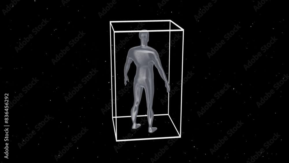 Poster 3d cyberpunk human figure hud element in grid box wireframe shape. retro futuristic black and white 