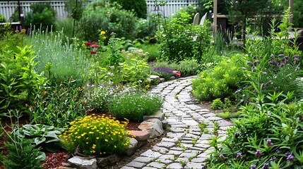 tranquil herb garden with aromatic herbs and medicinal plants, featuring a white fence, yellow flower, and large gray rock