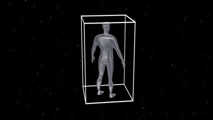 3D cyberpunk human figure HUD element in grid box wireframe shape. Retro futuristic black and white shape abstract. Spiritual aura alien. Loop animation 30fps 4k - Powered by Adobe