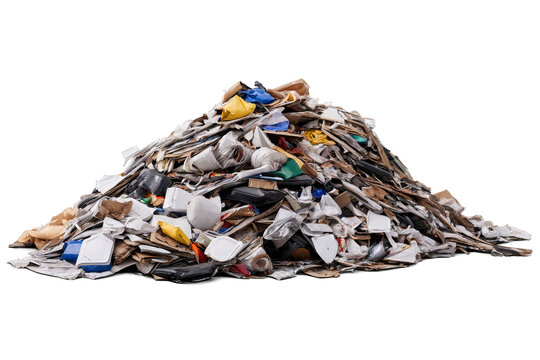 A huge pile of mixed waste dominates the frame against a png with a transparent, white background, highlighting environmental issues