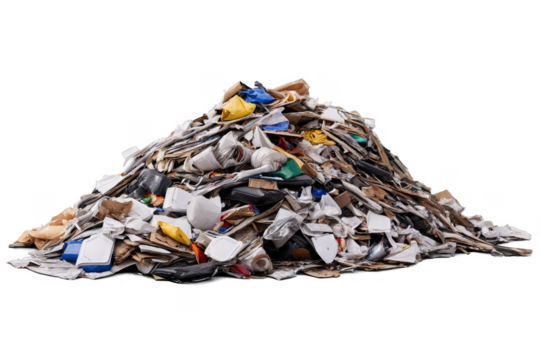 A huge pile of mixed waste dominates the frame against a png with a transparent, white background, highlighting environmental issues