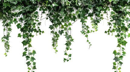 Lush green tropical creeper border hanging, isolated on clear backdrop.