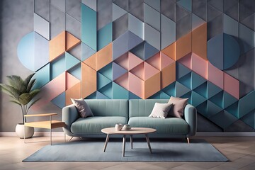 Wall decor with gradient shapes, sleek light gray furniture