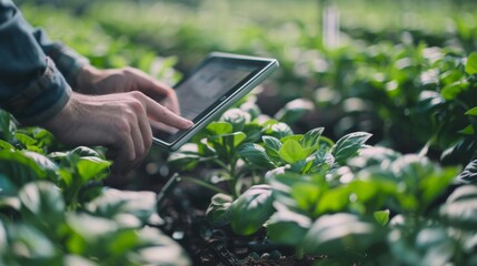 A farmer is using a tablet to monitor the climate control system in a fully automated greenhouse powered by AI.