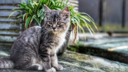 The gray kitten is looking at something