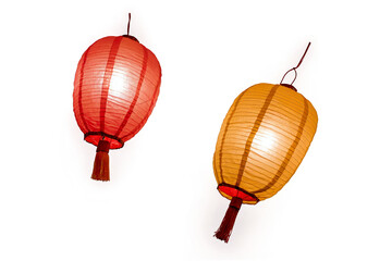Two oriental paper lanterns with a transparent background on white, ideal png for cultural themes or event decor
