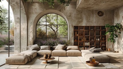 A mansion decorated in a luxurious minimalist style. There is a green luxury sofa. Warm light illuminates cotton and linen fabric.