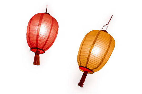 Two oriental paper lanterns with a transparent background on white, ideal png for cultural themes or event decor - Powered by Adobe
