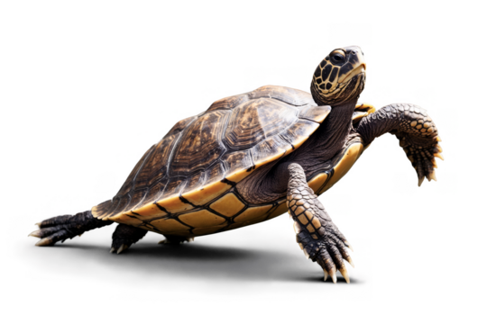 Lifelike turtle with a detailed shell on a transparent white background, ideal for ecological png themes and designs