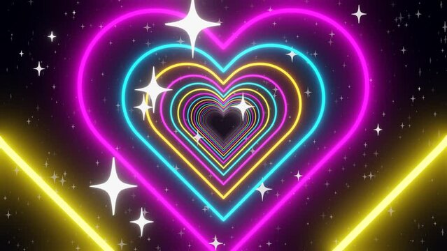 3d Neon glowing abstract rainbow pink blue yellow heart tunnel in LGBT Pride colors. Disco music party Valentines day celebration. Retro y2k cyber futuristic background. Animation loop 30fps 4k