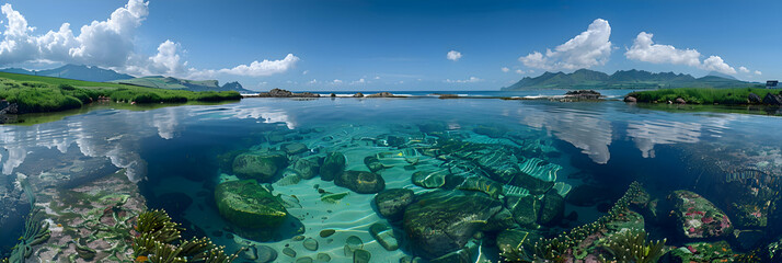 Obraz premium A panoramic view of a nature tide pool, the clear water and marine life creating a serene atmosphere