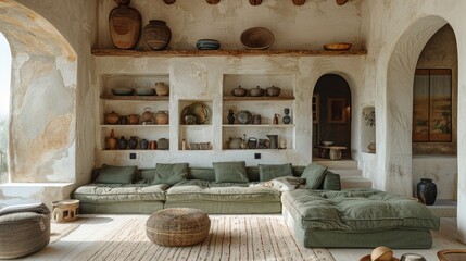 A mansion decorated in a luxurious minimalist style. There is a green luxury sofa. Warm light illuminates cotton and linen fabric.