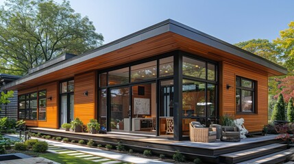 Fototapeta premium View of the exterior of a luxury tiny house with intricate wooden paneling, large glass windows, and a sleek modern design.