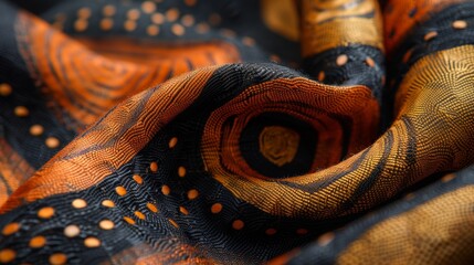 A close up of a fabric with orange and black designs, AI