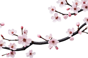 A delicate cherry blossom branch with pink flowers and buds set against a transparent, white background, presented in png style