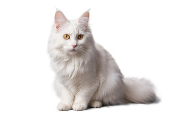 Majestic white long-haired cat posed on a seamless transparent white background, ideal for a png cutout